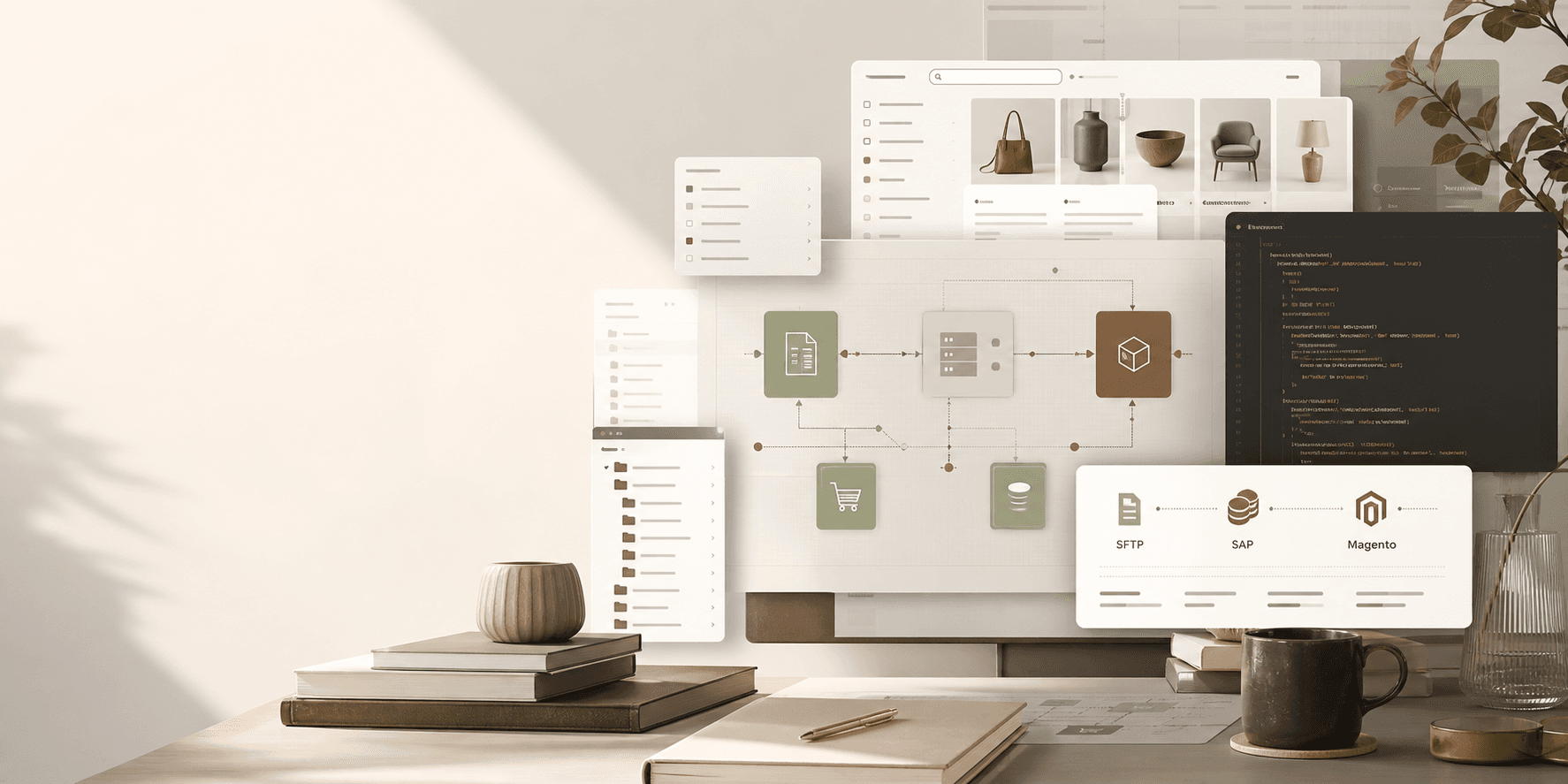 Editorial workspace with layered interface and integration architecture panels