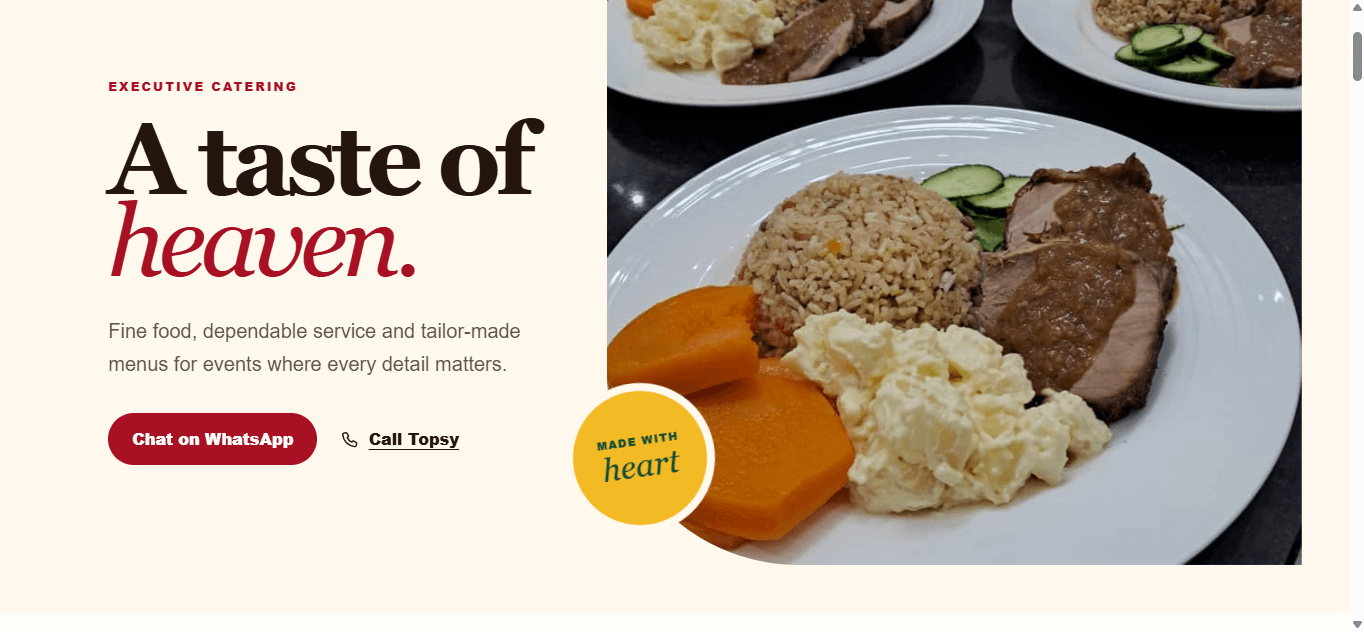 Topsy’s Cuisine hero website view